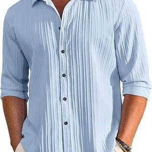 Men's Casual Button Down Shirts Long Sleeve Linen Shirt Fashion Textured Beach Summer Shirt